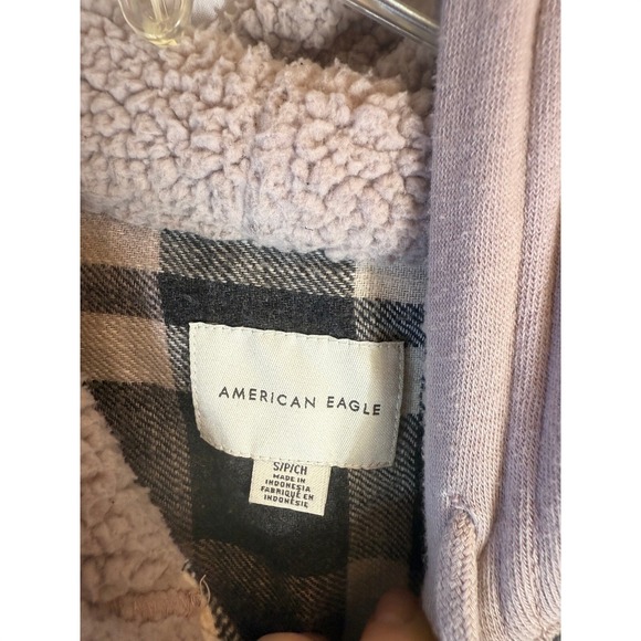 American Eagle Plaid Flannel Shirt with Sherpa Lined Hood Women's Small - Picture 3 of 6